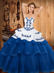 Fantastic Blue Ball Gown Prom Dress Military Ball and Sweet 16 and Quinceanera with Embroidery and Ruffled Layers Strapless Sleeveless Sweep Train Lace Up