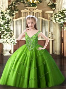 Green V-neck Neckline Beading and Appliques Little Girls Pageant Dress Wholesale Sleeveless Lace Up