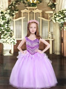 Lilac Ball Gowns Beading Pageant Gowns Lace Up Organza Sleeveless Floor Length