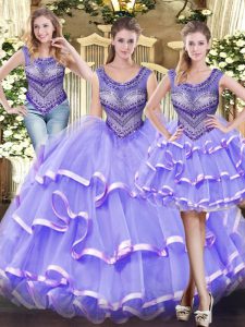 Lavender Ball Gowns Beading and Ruffled Layers Sweet 16 Quinceanera Dress Lace Up Tulle Sleeveless Floor Length