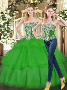 Captivating Green Lace Up Quinceanera Dress Beading and Ruffled Layers Sleeveless Floor Length