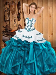 Flirting Floor Length Teal 15 Quinceanera Dress Satin and Organza Sleeveless Embroidery and Ruffles