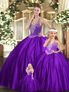 Purple Straps Neckline Beading Quince Ball Gowns Sleeveless Lace Up