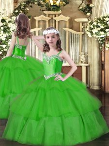 Sleeveless Floor Length Beading and Ruffled Layers Lace Up Glitz Pageant Dress with Green