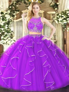 Glamorous Scoop Sleeveless Sweet 16 Dress Floor Length Ruffles Purple Organza