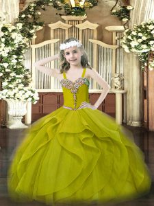 Olive Green Sleeveless Beading and Ruffles Floor Length Pageant Dress for Girls