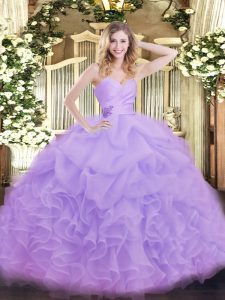 Spectacular Lavender Organza Lace Up Sweetheart Sleeveless Floor Length Sweet 16 Dresses Beading and Ruffles