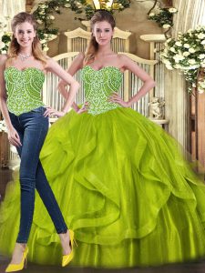 Ball Gowns Sweetheart Sleeveless Organza Floor Length Lace Up Beading and Ruffles Quinceanera Gown