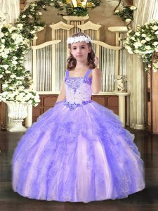 Eye-catching Lavender Ball Gowns Organza Straps Sleeveless Beading and Ruffles Floor Length Lace Up Pageant Dress for Girls