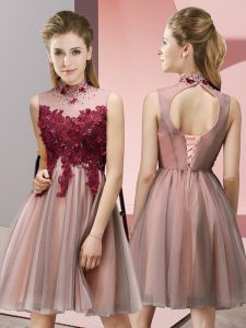 Sexy Peach Damas Dress Prom and Party and Wedding Party with Appliques High-neck Sleeveless Lace Up