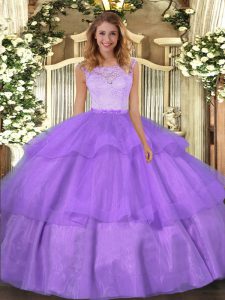 Decent Lavender Sleeveless Organza Clasp Handle Quince Ball Gowns for Military Ball and Sweet 16 and Quinceanera