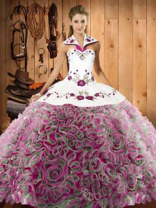 Super Halter Top Sleeveless Quince Ball Gowns Sweep Train Embroidery Multi-color Fabric With Rolling Flowers