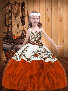 Floor Length Lace Up Little Girls Pageant Dress Rust Red for Party and Sweet 16 and Quinceanera and Wedding Party with Beading and Embroidery