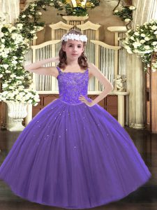 Superior Purple Straps Neckline Beading Pageant Dresses Sleeveless Lace Up