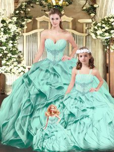 Floor Length Aqua Blue 15 Quinceanera Dress Organza Sleeveless Beading and Ruffles