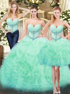 Sleeveless Floor Length Beading and Ruffles Lace Up 15th Birthday Dress with Apple Green