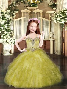 Latest Sleeveless Tulle Floor Length Lace Up Pageant Dress for Teens in Olive Green with Beading and Ruffles