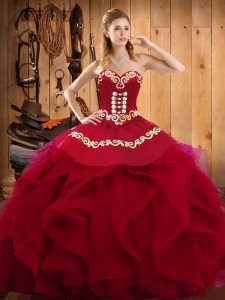 High Class Burgundy Organza Lace Up Quince Ball Gowns Sleeveless Floor Length Embroidery and Ruffles