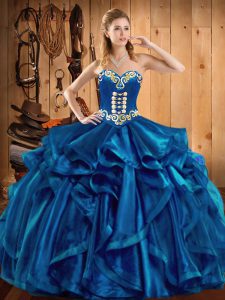 Colorful Sweetheart Sleeveless 15 Quinceanera Dress Floor Length Embroidery and Ruffles Blue Organza