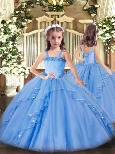 Appliques and Ruffles Little Girls Pageant Gowns Baby Blue Lace Up Sleeveless Floor Length