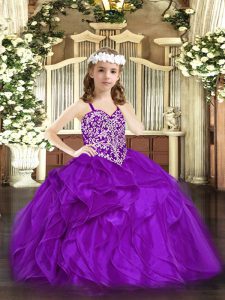 High Quality Purple Sleeveless Beading and Ruffles Floor Length Little Girl Pageant Gowns