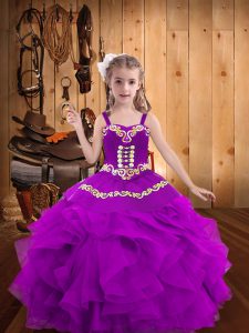 Wonderful Straps Sleeveless Little Girls Pageant Gowns Floor Length Embroidery and Ruffles Purple Organza