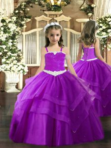 Purple Lace Up Straps Appliques and Ruffled Layers Girls Pageant Dresses Tulle Sleeveless