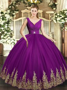 Super Eggplant Purple Ball Gowns Tulle V-neck Sleeveless Beading and Appliques and Ruching Floor Length Backless Quinceanera Dress