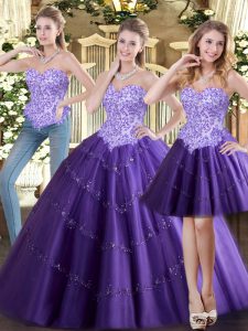 Exquisite Purple Ball Gowns Sweetheart Sleeveless Tulle Floor Length Lace Up Beading Ball Gown Prom Dress