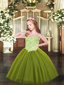 Spaghetti Straps Sleeveless Lace Up Pageant Dress Wholesale Olive Green Tulle