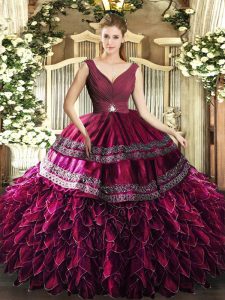 Fancy Burgundy Backless V-neck Beading and Ruffles Quince Ball Gowns Organza Sleeveless