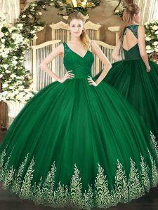 Excellent Tulle V-neck Sleeveless Backless Beading and Lace and Appliques Sweet 16 Quinceanera Dress in Dark Green