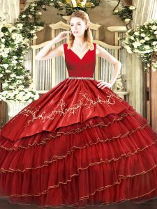 Wine Red Zipper V-neck Embroidery and Ruffled Layers Quinceanera Dresses Organza Sleeveless