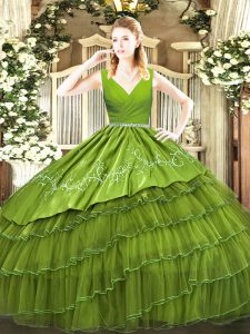 Discount Sleeveless Floor Length Embroidery and Ruffled Layers Zipper Ball Gown Prom Dress with Olive Green