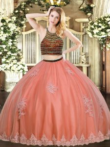 Halter Top Sleeveless Ball Gown Prom Dress Floor Length Beading and Appliques Coral Red Tulle