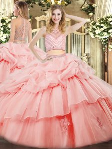 Decent Pink Ball Gowns Tulle High-neck Sleeveless Beading and Ruffles Floor Length Zipper Quinceanera Gowns