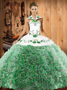 Fabric With Rolling Flowers Sleeveless Quinceanera Gowns Sweep Train and Embroidery