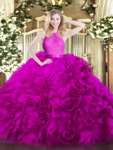 Comfortable Lace Quinceanera Dresses Fuchsia Zipper Sleeveless Floor Length