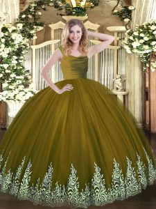 Trendy Olive Green Zipper Quinceanera Gowns Beading and Appliques Sleeveless Floor Length