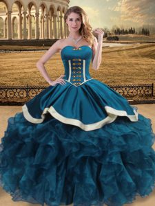 Adorable Ball Gowns Quinceanera Dress Teal Sweetheart Organza Sleeveless Floor Length Lace Up