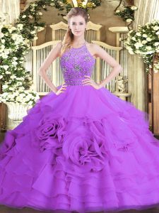 Eggplant Purple Sleeveless Floor Length Beading and Ruffled Layers Zipper Quince Ball Gowns