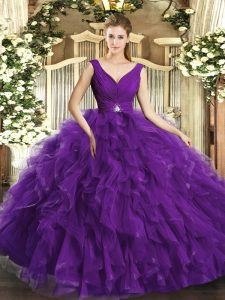 Extravagant Purple V-neck Neckline Beading and Ruffles Quinceanera Dresses Sleeveless Backless