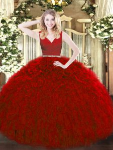 Spectacular Red Tulle Zipper 15 Quinceanera Dress Sleeveless Floor Length Beading and Ruffles