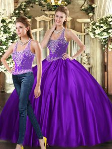 Glorious Beading Sweet 16 Quinceanera Dress Purple Lace Up Sleeveless Floor Length