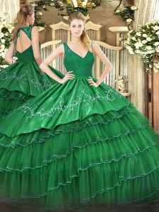 Best Dark Green Organza and Taffeta Backless 15th Birthday Dress Sleeveless Floor Length Beading and Lace and Embroidery and Ruffled Layers