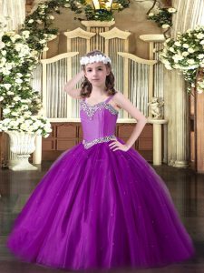 Eggplant Purple Ball Gowns Tulle Straps Sleeveless Beading Floor Length Lace Up Evening Gowns