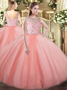 Bateau Sleeveless Vestidos de Quinceanera Floor Length Beading Peach Tulle