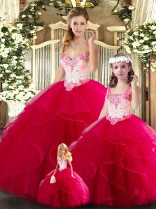 Fitting Red 15th Birthday Dress Military Ball and Sweet 16 and Quinceanera with Beading and Ruffles Sweetheart Sleeveless Lace Up