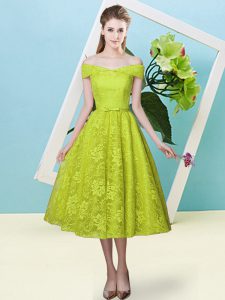 Fantastic Olive Green Lace Up Quinceanera Dama Dress Bowknot Cap Sleeves Tea Length