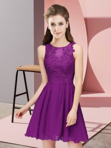 Fantastic Eggplant Purple Chiffon Zipper Dama Dress for Quinceanera Sleeveless Mini Length Appliques